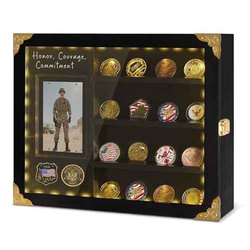 Challenge Coin Display Case with Light, Removable Shelves and Picture Frame for Honor Military Coin Holder Wall Mount, Memorial Gift for Men Veterans Collectors (Black)