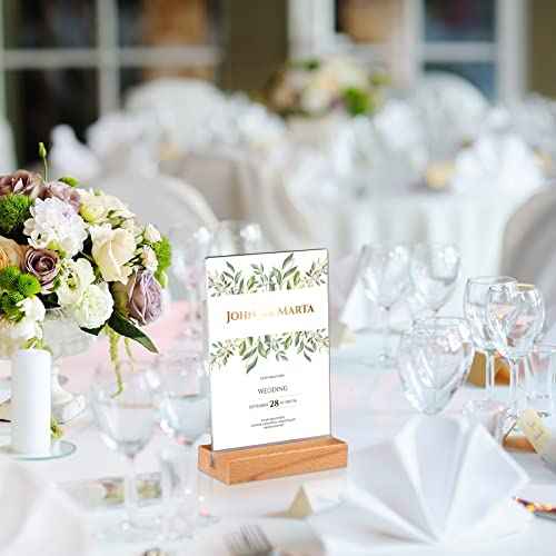 Vinsot 16 Pack 4 x 6 Inch Clear Acrylic Sign with Wood Base T Shape Sign Holder Vertical Blank Stands Desktop Display Plastic Menu Frame Double Sided Flyer Stand for Wedding Restaurant Party Decor