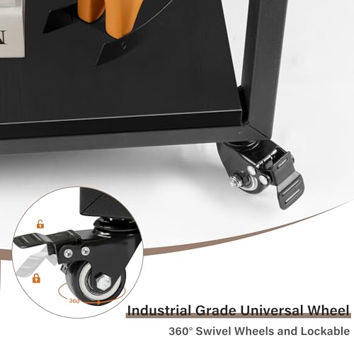 Under Desk Printer Stand - 2-Tier Industrial Mobile Printer Table with Storage Shelf, 19.7''x19.7''x12.6'' Heavy Duty Wood Rolling Printer Cart with Wheels for Home and Office,Classic Black