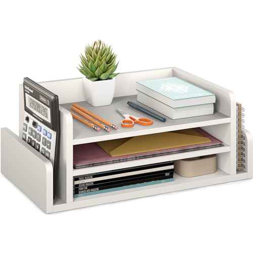 Ballucci 3-Tier Desk Organizer with 2 Side Mail Sorter Slots, Wood Letter Tray, Open Top Paper Organizer, Desktop File Organizer, White
