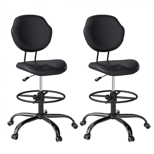 Nusetx Drafting Chair with Back Support - Tall Adjustable Rolling Stool (Set of 2, Black)