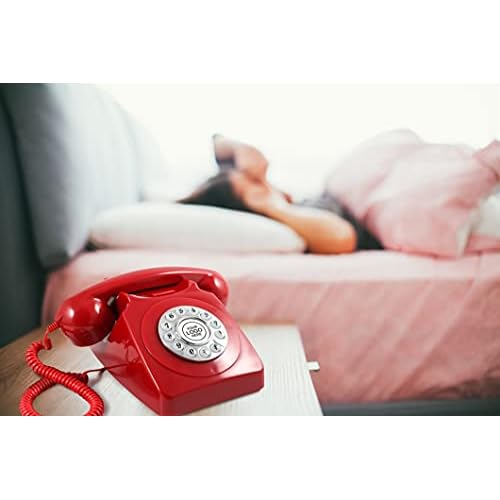 GPO 746 Push-Button 1970s-style Retro Landline Phone - Curly Cord Authentic Bell Ring - Red
