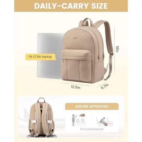 LOVEVOOK Puffer Backpack for Women Girl Travel Work, Lightweight Quilted Laptop Backpack Purse, Cute Bookbag Teacher Nurse Laptop Bag Computer Backpack, Waterproof Casual Daypack,17.3 Inch, Khaki