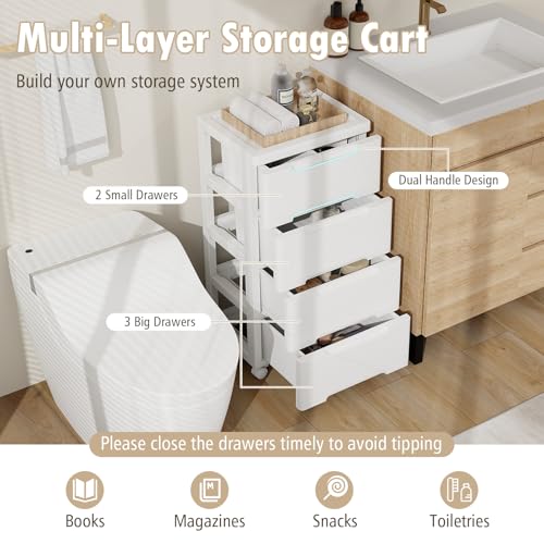 Giantex 16" x 13" x 31" 5-Drawer Rolling Storage Cart on Wheels, White Plastic Organizer