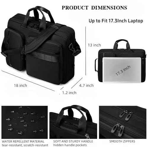 3 in 1 Laptop Bag for Men 17.3 Inch Laptop Backpack Computer Bag for Business/Work/Travel Convertible Backpack Messenger Shoulder Bag for Men Women Black
