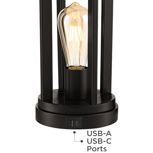 360 Lighting Marcel 24 1/4" Tall Modern Industrial Set of 2 Table Lamps with USB Ports A+C Charging LED Nightlight Black Metal Natural Linen Shade Bedroom Living Room House Desk Bedside Nightstand