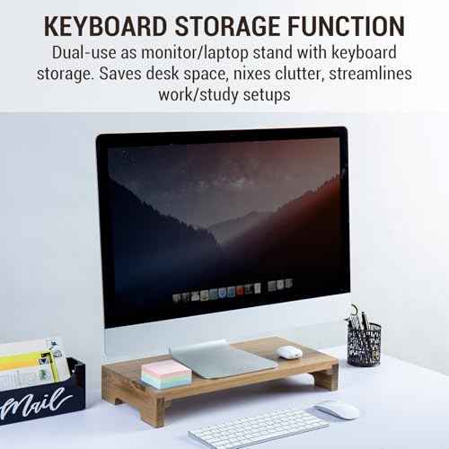 MyGift Premium Acacia Solid Wood Desk Monitor Stand, Laptop Riser & Keyboard Storage ? Wooden Desktop Organizer for Screen Display and Workspace Organization
