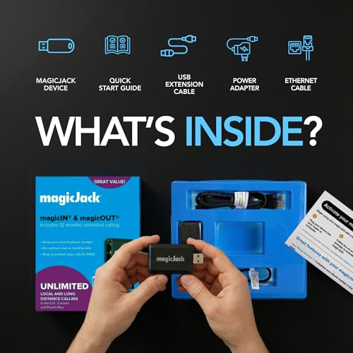 magicJack VOIP Phone Adapter - Unlimited US & Canada Calls, Portable Internet Phone, App & Service