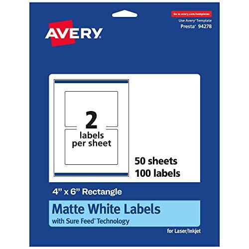 Avery Matte White Rectangle Labels, Sure Feed Technology, 4" x 6", 100 White Labels, Print-to-The-Edge, Permanent Adhesive, Laser/Inkjet Printable