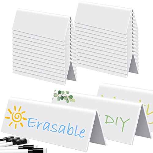 Fainne 20 Sets Dry Erase Name Tent Cards with Black Markers 8.7 x 2.8 x 1.9 Inches White Reusable Name Plate Wipe Clean Desk Tags Sign for Classroom Table Office Conference Meeting Weddings