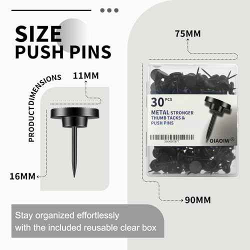 30 PCS Metal Black Push Pins for Wall Clear Thumb Tacks for Walls Flat thumbtacks Push pin for Bulletin Board Shadow Box Display Thumbtack for Cork Board