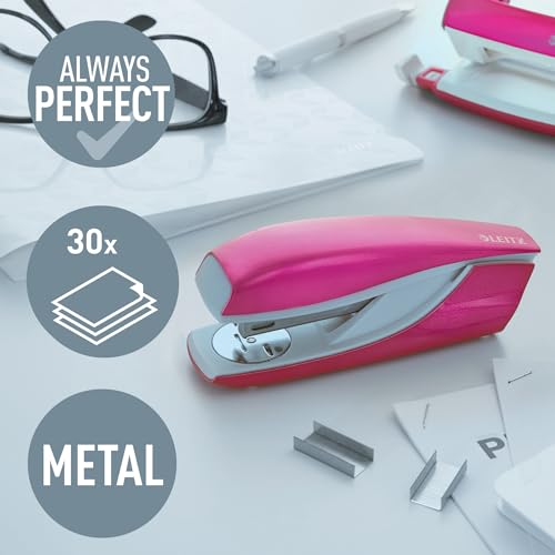 Leitz Stapler, 30 Sheet Capacity, Ergonomic Metal Body, Includes Staples, Wow Range, 55022023 - Metallic Pink
