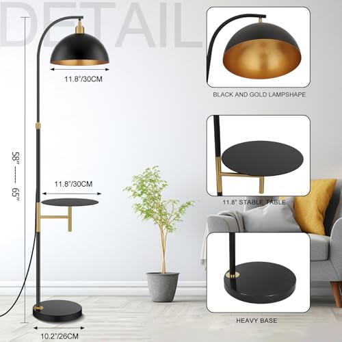 Floor Reading Lamp with Table Industrial Floor Standing Lamps with Tray Shelves Attached Adjustable Height Corner Rustic Black Floor Lamps with End Table for Bedroom Living Room Office