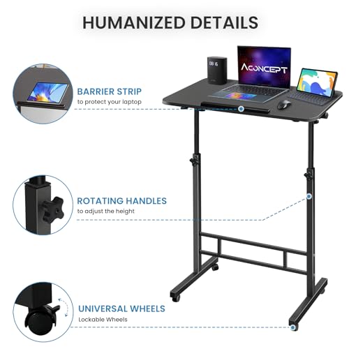 Aconcept Tiltable Small 32 x 16 inch Standing Desk, Black Sit Stand Up Rolling Desk with Wheels, Height Adjustable 25-44" for Tablet Laptop and Walking Pad