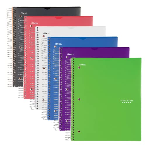 Mead Five Star Notebook + Study App - 5 Subject Notebook College Ruled - Water Resistant Customizable Cover - Spiral Notebook 8.5 X 11-200 Sheets - Assorted Colors - 6 Pack