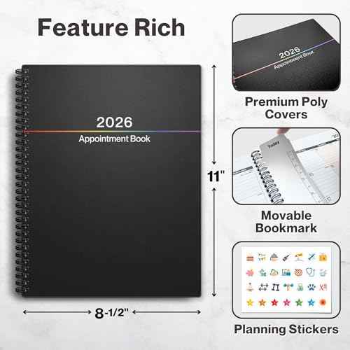 Dunwell Daily Planner 2026, 8.5x11 Appointment Book, 15-Min Hourly Schedule, Jan to Dec 2026, Large Planner with Colorful Tabs, Premium Paper Quality with Notes