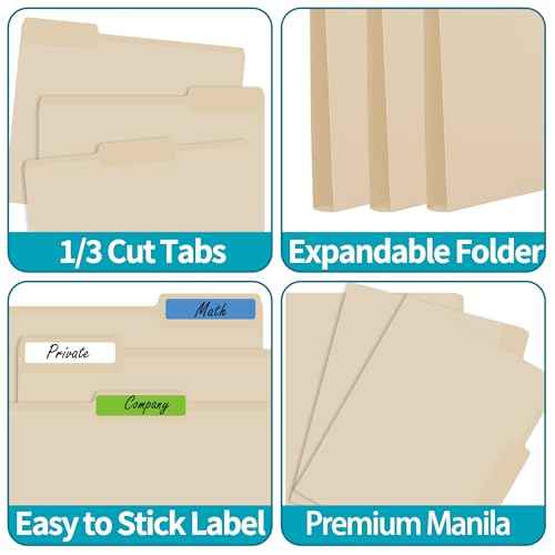 100 Packs Manila File Folder,Manilla Folder 8.5x11,1/3 Cut Tabs Folder for Office,School and Home,Organizer File Folder Letter Size