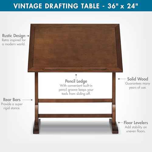 Studio Designs Vintage Rustic Oak Drafting Table, Top Adjustable Drafting Table Craft Table Drawing Desk Hobby Table Writing Desk Studio Desk, 36''W x 24''D