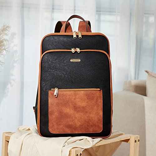 Telena Leather Laptop Backpack for Women 15.6 inch Computer Bag Casual College Bookbag Bag