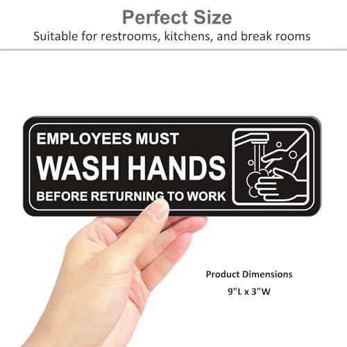 (4 Pack) Self-adhesive Employees Must Wash Hands Sign, 9" x 3" Durable Acrylic Hand Washing Signs with Symbols, for Business, Restaurant, Salons, Hotel, Motel, Rest Stops, Public Restrooms