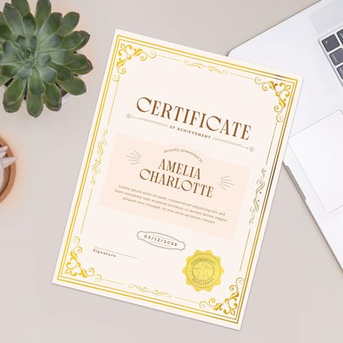 Prudiut 100 Sheets Certificate Paper with 100 Gold Seals – 8.5 x 11" Printable Awards, 180g 4.5cm Seal