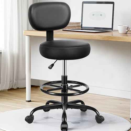 Drafting Chair with Backrest ? Adjustable Foot Rest Rolling Stool with Wheels, PU Leather Swivel Stool for Office Spa Studio Lab Counter Salon Home Work Bar Kitchen Shop(Black)