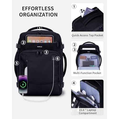 ECOHUB 17" Small Travel Backpack, United Airlines Personal Item Bag 17x10x9 with 16 Pockets, Water Resistant Rucksacks Fit 15.6" Laptop, AirTag Pocket, Lightweight Casual Daypack, 25L, Black