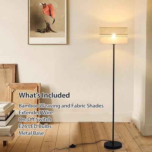 Floor Lamp with Bamboo and Linen Fabric Lampshade, Adjustable Color Temperature Floor Lamp with 6W Bulb, Boho Standing Lamp for Livingroom, Bedroom, Office