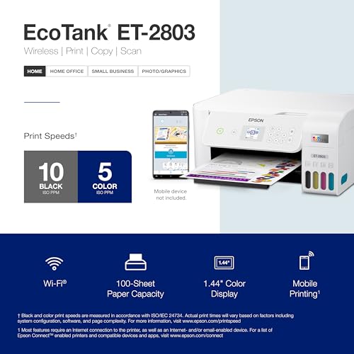 Epson EcoTank ET-2803 Wireless Color All-in-One Printer with High-Capacity Ink Tanks
