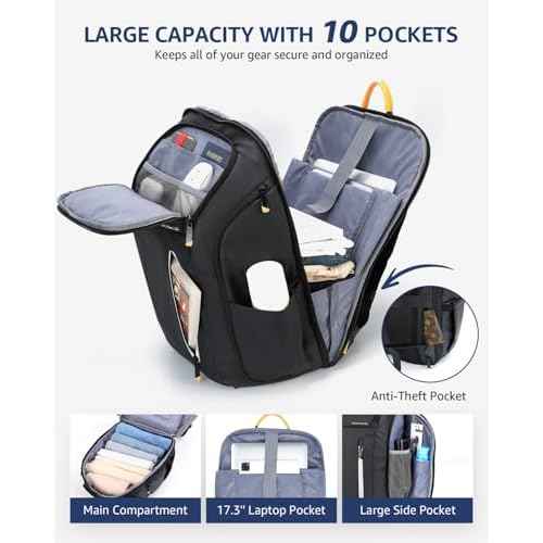 17 Inch Laptop Backpack for Men, Business Travel Anti-Theft Backpack with USB Charging Port, Water Resistant Computer Bag Carry On Flight Approved for Work College Weekender, Black