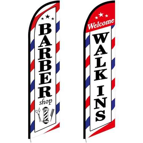 2 Pcs Barber Flag for Outside Barbershop Themed Swooper Flag Open Feather Barber Sign Welcome Banner for Salon Business Outdoor Advertising Outside(NOT INCLUDE POLE KIT)(12 x 2.5 ft)