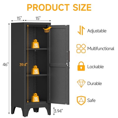 46"H Black Metal Locker with 1 Lockable Door and 2 Adjustable Shelves