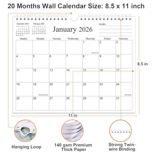 2026 Calendar - 20 Months Calendar 2026 from November 2025 to June 2027, Wall Calendar 2026 with Thick Paper for Home/Office/School, 8.5" x 11", Black
