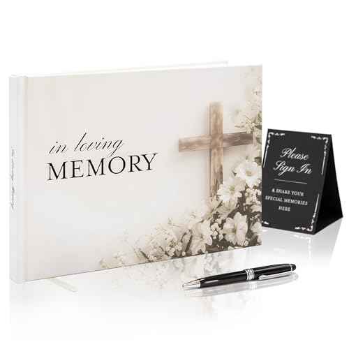 Cross Hardcover Funeral Guest Book - 9.5 x 7 Celebration of Life Guestbook for Memorial Service with 5x7 Paper Sign, Pen, Black Photo Corner Stickers
