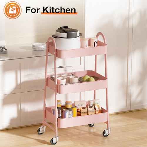 Sweetcrispy 3 Tier Metal Storage Utility Cart with Wheels, Kitchen Organizer Trolley Rolling Bathroom Laundry Room Bar Office Shelves Mobile Shelving Unit Caster for Snack Bedside Narrow Places, Pink