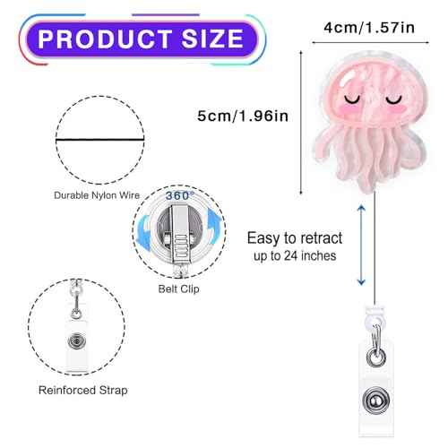 Pink Jellyfish Badge Reel Retractable for Nurse, Doctor, Medical Worker & Nursing Student | Cute Pediatric Nurse ID Name Badge Holder with Alligator Clip & 24¡± Durable Nylon Retractable Cord | Acrylic