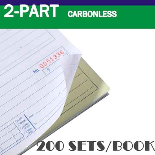 Cash Receipt Book, 200 Sets, 2-Part Carbonless, 5-1/4" x 11", Spiral Bound, White & Canary Copies - Numbered Forms for Cash Transactions, Rent Payments & Business Records (1pack)