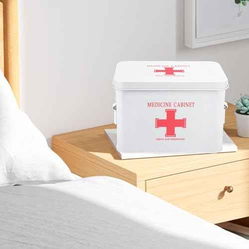 Flexzion First Aid Box Organizer, Empty 8.5 Inch White Vintage First Aid Kit Tin Metal Medical Box Storage Container Bins with Dividers, Removable Tray and Cross Logo