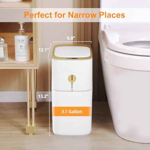 MOPALL Automatic Bathroom Trash Can with Lid, 3.1 Gallon / 13L Smart Motion Sensor Touchless Small Waste Basket, Slim Plastic Garbage Can for Bedroom Kitchen Office Home Toilet, White & Gold