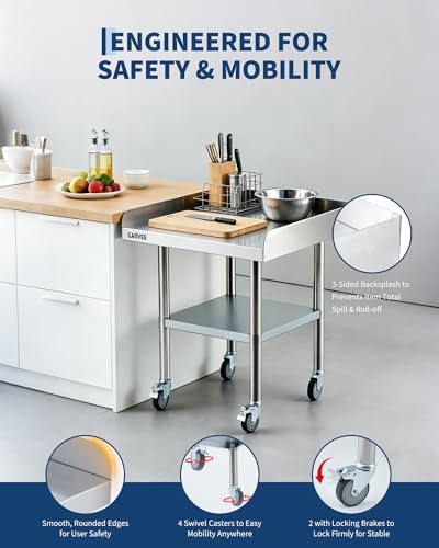 Garvee 30x30 Inch Stainless Steel Mobile Work Table with 3-Sided Backsplash, Height-Adjust Undershelf & Locking Casters (30x30x26)