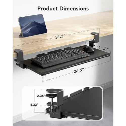 HUANUO Keyboard Tray Under Desk, Pull Out Keyboard Tray with C Clamp Mount, 26.5¡È W x 11.8¡È D Slide Out Computer Keyboard Drawer Mouse Tray for Typing, Black