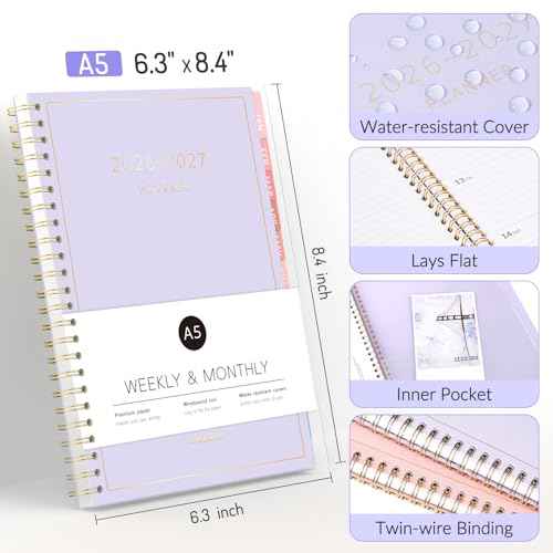 Forvencer Planner 2026-2027, 17 Month Weekly and Monthly Calendar Planner, Jan 2026 -May 2027, 6.3" x 8.4", Daily Agenda Book with Tabs, College Organizer Notebook, School Supplies for Student Teacher Classroom, A5, Purple
