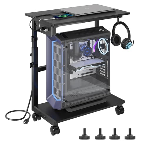HavenlyYouth 2-Tier Adjustable Computer Tower Stand with Power Outlet - Black