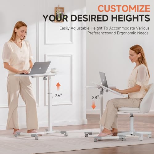 GTRACING Mobile Small Standing Desk, Tiltable Sit Stand Portable Rolling Laptop Desk with Lockable Wheels, Adjustable Height Overbed Bedside Table Computer Workstations, White