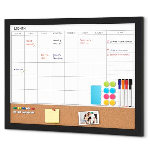 Dry Erase Calendar Whiteboard for Wall, WALGLASS 36" X 24" Cork Monthly Calendar White Board Combo with Aesthetic Wood Framed, Hanging Wall Mounted Large Bulletin Board for Home, School, Office