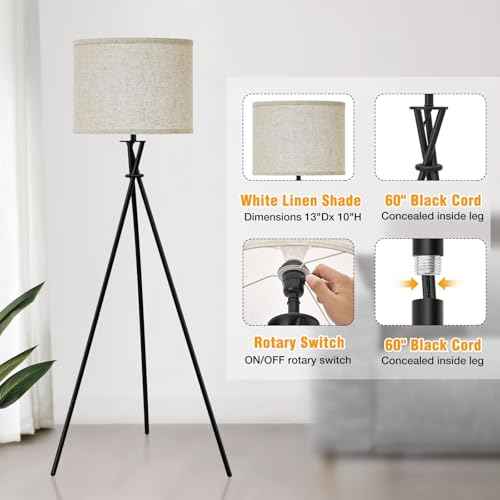 Tripod Floor Lamp Black, 61¡± Tall Floor Lamps, Standing Lamp with Rotary Switch, Modern Floor Lamp Simple Design with Beige Shade, Floor Lamps for Living Room, Bedroom, Office, Without Bulb