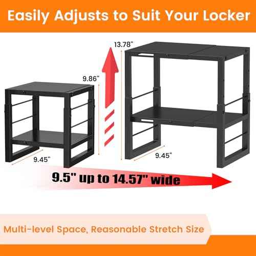 Locker Organizer Shelf School, Adjustable Width and Height, Stackable Metal Locker Storage Organization, Ideal Locker Fits Standard Size School, Office, and Gym Lockers, Black