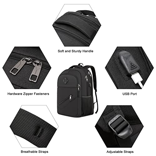 Black Backpack, School Backpacks for Teen Boys & Girls, Student Bookbag Fits 17.3 Inch Laptop with USB Charging Port, Water Resistant Travel Backpack, Sturdy Anti Theft Computer Bag Gifts Men Women