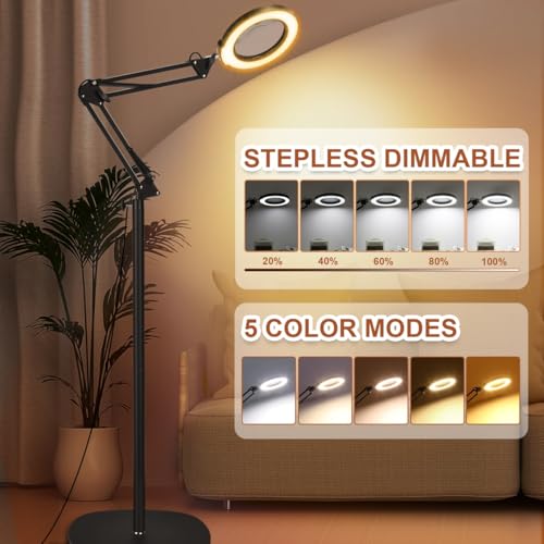 LANCOSC 10X Magnifying Glass with Light and Stand, 3-in-1 Adjustable Swing Floor Lamp, 5 Color Modes Stepless Dimmable, LED Lighted Hands Free Magnifier & Clamp for Reading, Crafts, Painting, Esthetic