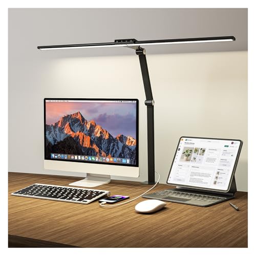 LED Desk Lamp for Home Office, 24W Eye-Caring Reading Light with Clamp, USB Charging Port, 7 Brightness 5 Color Mode, Memory Function, Auto-Off Timer, Swing Arm Architect Table Lamp for Study